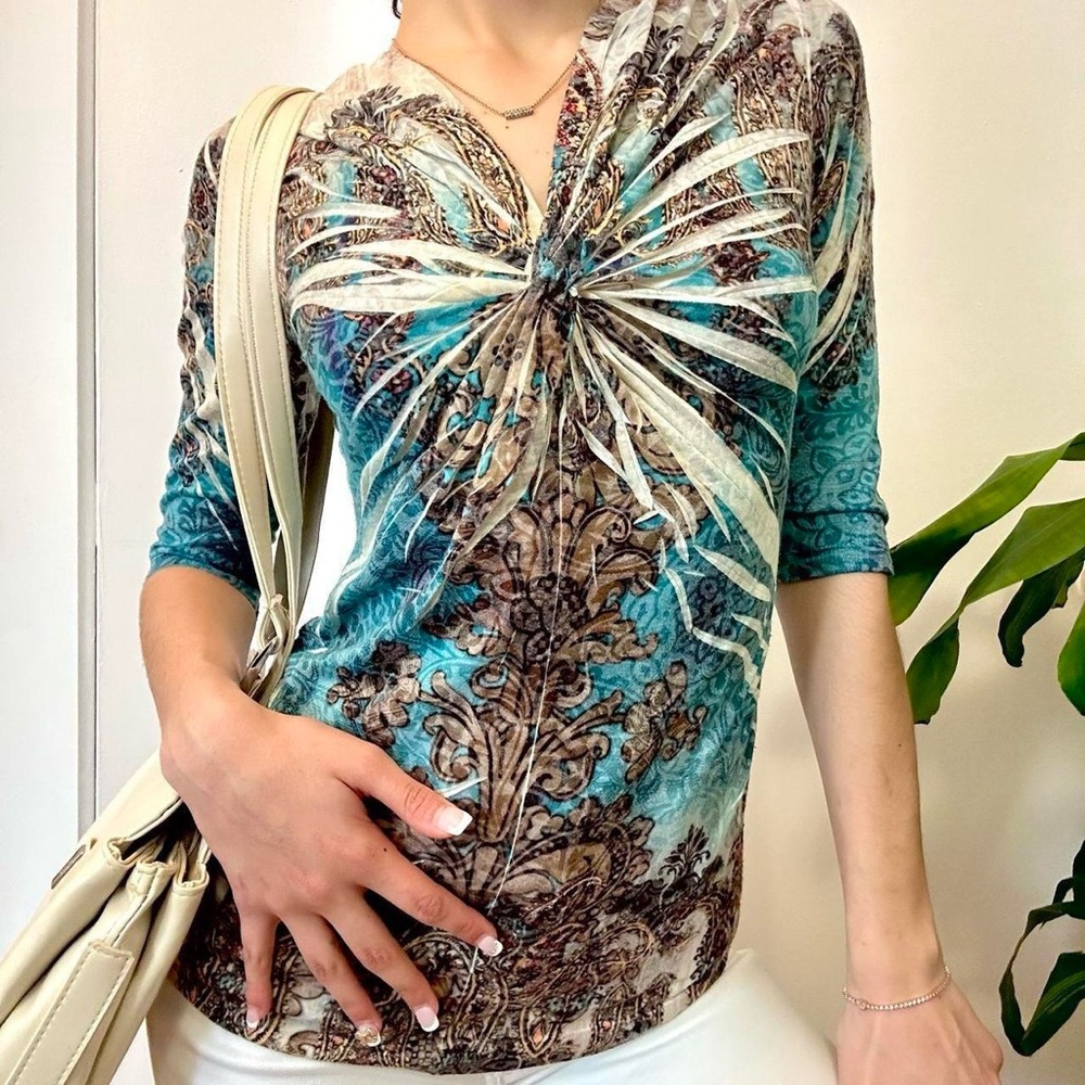 💜Vintage 2000s Blue Paisley Twist Front Top Size Small